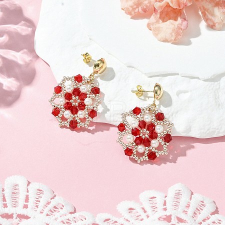 Flower Handmade Glass Seed Beads & Shell Pearl Dangle Stud Earrings EJEW-MZ00361-01-1
