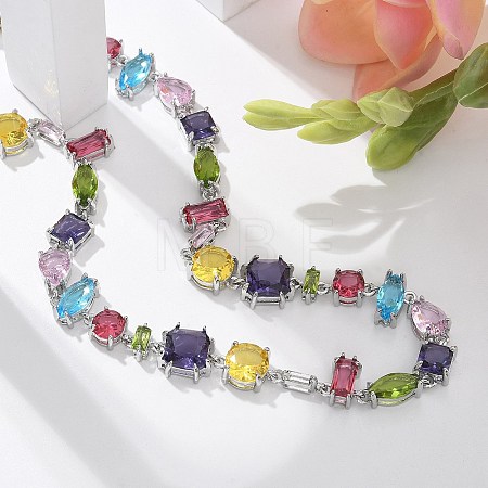 Brass Micro Pave Colorful Cubic Zirconia Link Chain Necklaces NJEW-M089-01P-1
