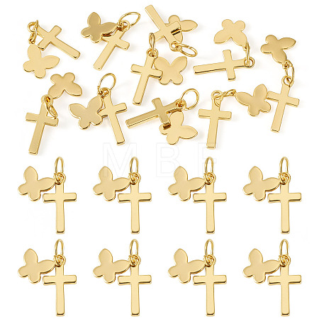 10Pcs Cross with Butterfly Brass Pendants PALLOY-TAC0272-1