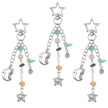 3Pcs Star & Moon Alloy & Gemstone Chips Pendant Decorations BJEW-DC0001-31-1