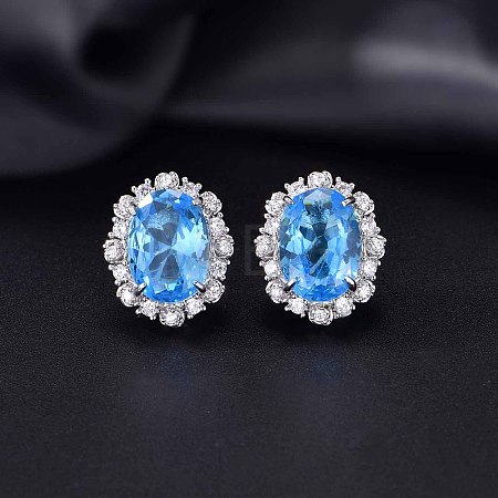 Brass Micro Pave Cubic Zirconia Oval Stud Earrings for Women QP4934-4-1