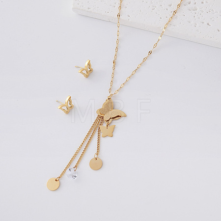 304 Stainless Steel Butterfly Stud Earrings & Tassel Necklaces Sets for Women IY3689-6-1