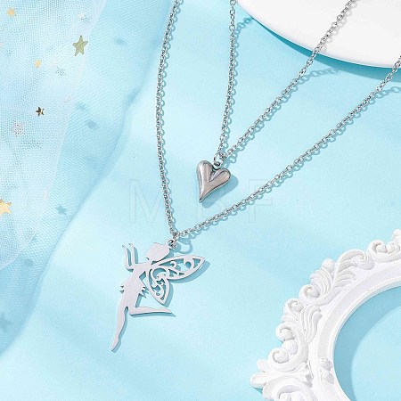 Stainless Steel Fairy and Heart Pendant 304 Stainless Steel Cable Chain Double Layer Necklaces for Women NJEW-JN05810-02-1
