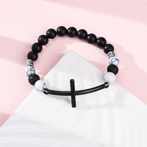 Round Natural Black Agate & Lava Rock & Synthetic Howlite Bead Stretch Bracelets BJEW-F493-04EB-01-1