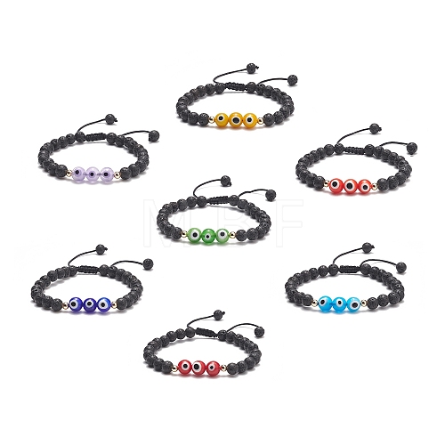 7Pcs 7 Color Natural Lava Rock & Lampwork Evil Eye Braided Bead Bracelets Set BJEW-JB08865-1