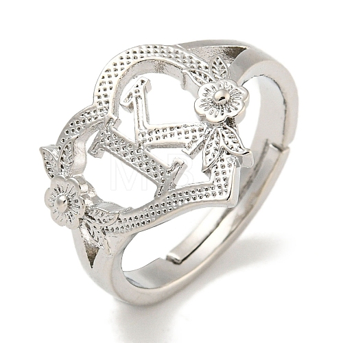 Heart with Letter & Flower Rack Plating Brass Adjustable Rings for Women RJEW-I105-05P-K-1