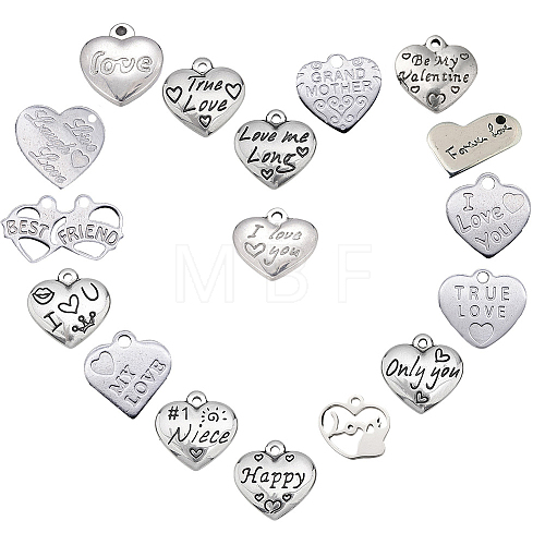 17Pcs Heart with Word 316 Surgical Stainless Steel Pendants STAS-SC0002-27P-1