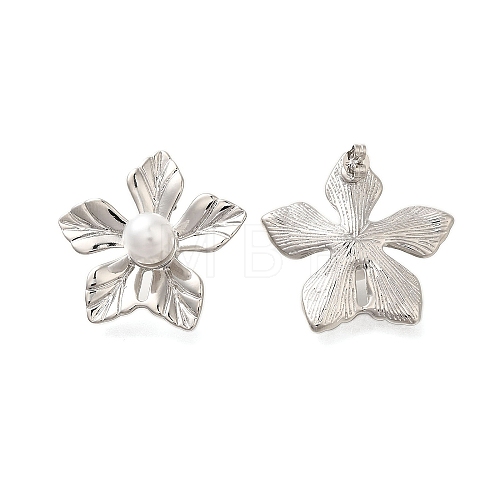 Rack Plating Flower Brass & ABS Imitation Pearl Stud Earrings EJEW-I310-21P-1