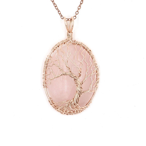 Natural Rose Quartz Brass Wire Wrapped Pendants PW-WG90230-02-1