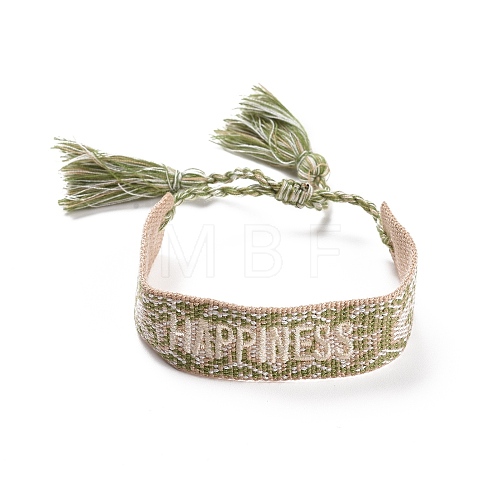 Word Happiness Polycotton(Polyester Cotton) Braided Bracelet with Tassel Charm BJEW-F429-12-1