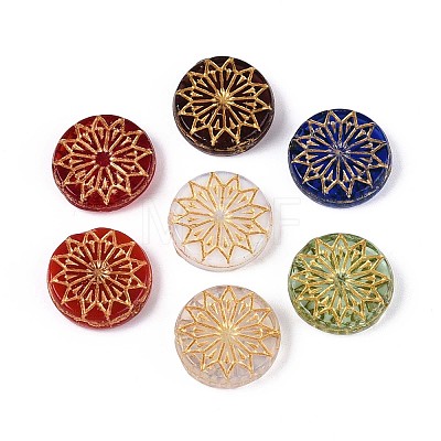 Flat Round with Flower Glass Beads GLAA-T025-74M-1