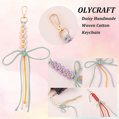 Olycraft 4Pcs 4 Colors Daisy Handmade Woven Cotton Keychain KEYC-OC0001-31-1