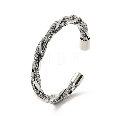 304 Stainless Steel Mesh Twist Rope Open Cuff Bangle for Women BJEW-P283-16M-1