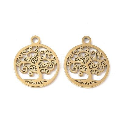 304 Stainless Steel Flat Round with Laser Cut Tree of Life Charms STAS-L022-512G-1