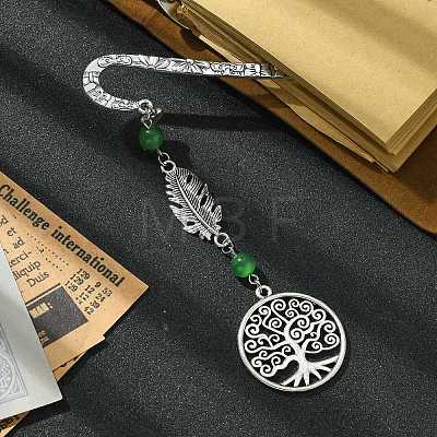 Tree of Life Feather Tibetan Style Alloy Pendant Bookmark with Cat Eye AJEW-JK00277-05-1