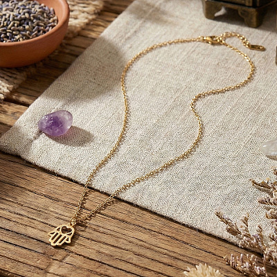 304 Stainless Steel Hollow Heart Hamsa Hand Pendant Cable Chain Necklaces for Women VC2540-1