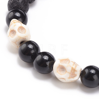 2Pcs 2 Style Natural Lava Rock & Mixed Gemstone Skull Braided Bead Bracelets Set BJEW-JB08381-1