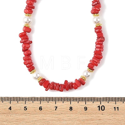 Dyed Natural Freshwater Shell Chip Beads & White Round Shell Pearl Beaded Necklaces NJEW-JN06402-1