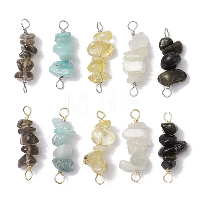 10Pcs 5 Styles Constellation Natural Smoky Quartz & Rose Quartz & Golden Sheen Obsidian & White Moonstone & Aquamarine Copper Wire Wrapped Chip Beaded Connector Charms PALLOY-JF02905-12-1