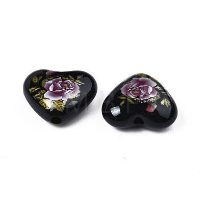 Flower Printed Opaque Acrylic Heart Beads SACR-S305-28-K03-1