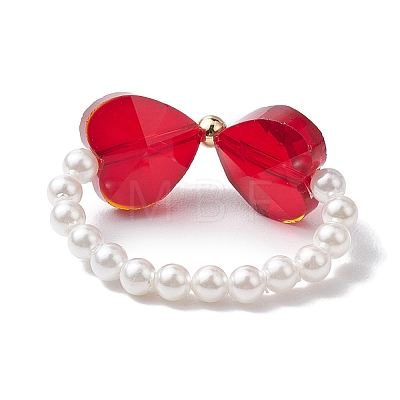 Heart Bowknot Transparent Glass & Shell Pearl Beaded Finger Rings RJEW-TA00123-1