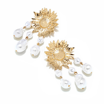 Alloy Imitation Pearl Sunflower Tassel Chandelier Earrings for Women WGA0AF8-01-1