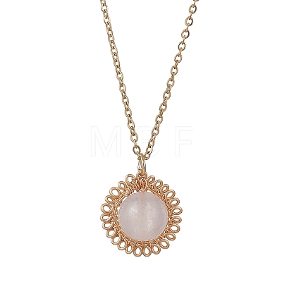 Natural Rose Quartz Copper Wire Wrapped Flower Pendant 304 Stainless Steel Cable Chain Necklaces for Women NJEW-JN05616-02-1