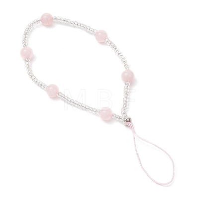 Natural Rose Quartz & Glass Seed Round Beaded Phone Hand Strap Chains HJEW-JM03363-03-1