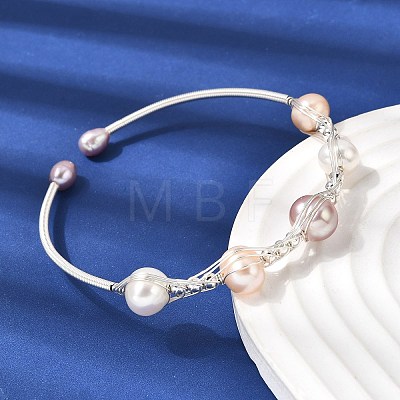 Brass Wire Wrapped Natural Pearl Cuff Bangles for Women BJEW-D453-01S-1