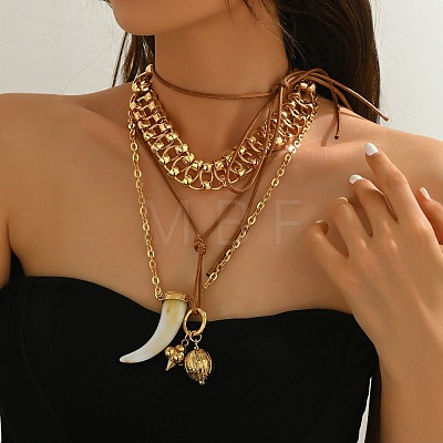 Resin Wolf Tooth Shape & Alloy Bell Pendant Waxed Cord 3 Layer Necklaces for Women FS-WGF67BB-01-1