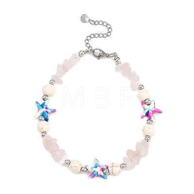 Dyed Synthetic Turquoise Starfish & Natural Rose Quartz Chip Beaded Anklets with 304 Stainless Steel End Chains AJEW-AN00733-01-1