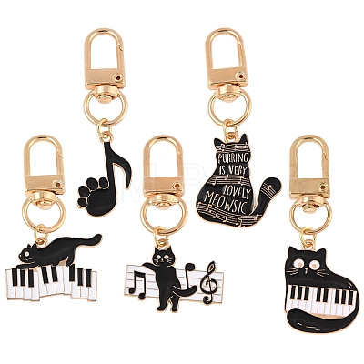 5Pcs Cat & Music Theme Alloy Enamel Pendant Decoration HJEW-FS00035-03-1
