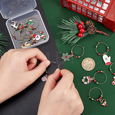 24Pcs 12 Styles Christmas Tree & Snowflake & Sock & Santa Claus Alloy Enamel Dangle Wine Glass Charms with Glass Pearl AJEW-BC0003-12-1