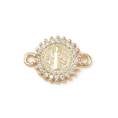 Brass Pave Clear Cubic Zirconia Religion Flat Round with Saint Connector Charms KK-L255-09G-01-1
