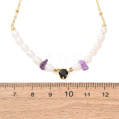 Natural Amethyst Chip and Rice Natural Pearl Beaded Necklaces GG-CBA3297-15G-G-1