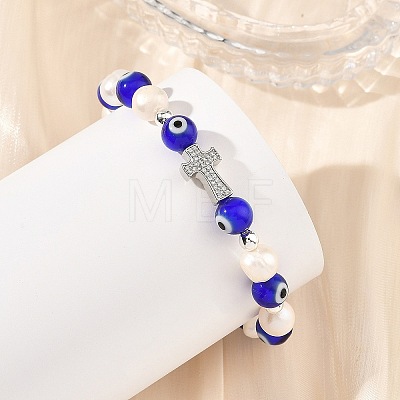 Evil Eye Lampwork and Natural Cultured Freshwater Pearl Beaded Stretch Bracelets BJEW-JB14283-02-1