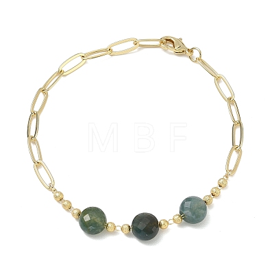 Natural Moss Agate Faceted Flat Round Beaded Brass Paperclip Chain Bracelets GG-CBA37F5-02G-02-1