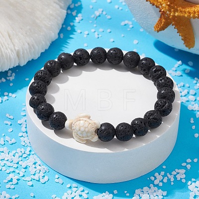 Natural Lava Rock Round & Synthetic Turquoise Turtle Beaded Stretch Bracelet for Women BJEW-JB09700-04-1