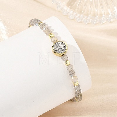 Religion Natural Labradorite Beaded Stretch Bracelets with Brass Flat Round with Cross Beads BJEW-JB14360-01-1