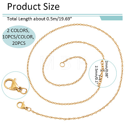  20Pcs 2 Colors 304 Stainless Steel Cable Chain Necklaces Set MAK-NB0001-20-1