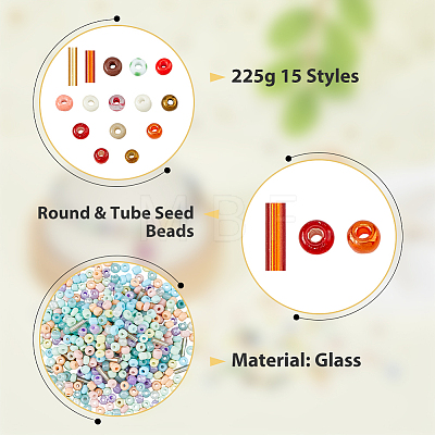 SUPERFINDINGS 225g 15 Style Round & Tube Glass Seed Beads Sets SEED-FH0001-08-1