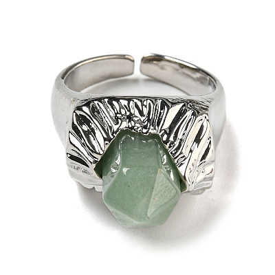 Hexagonal Prism Natural Green Aventurine Open Cuff Rings RJEW-B106-01P-01-1