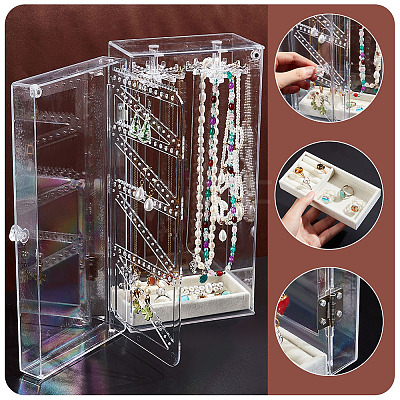 Rectangle Plastic Jewelry Organizer Storage Box with 24 Hooks OBOX-WH0001-06-1
