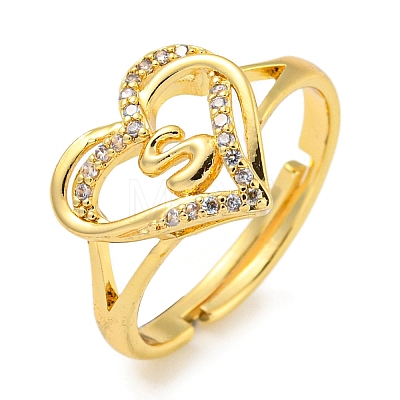 Heart with Letter Rack Plating Brass Micro Pave Clear Cubic Zirconia Adjustable Rings for Women RJEW-I105-01G-S-1