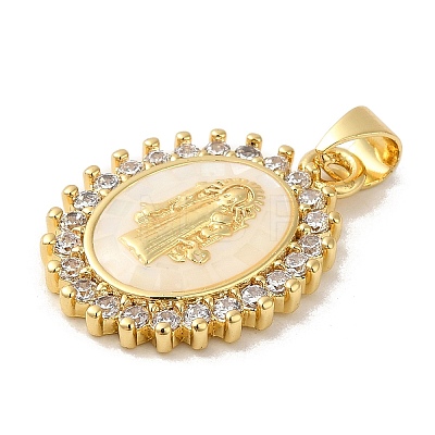 Rack Plating Brass Micro Pave Cubic Zirconia with Shell Pendants KK-P241-44G-01-1