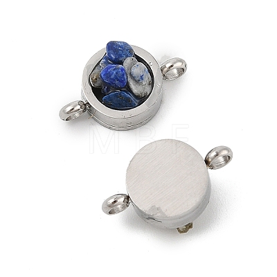 Natural Mixed Gemstone Chip 304 Stainless Steel Flat Round Connector Charms KK-P300-30P-1