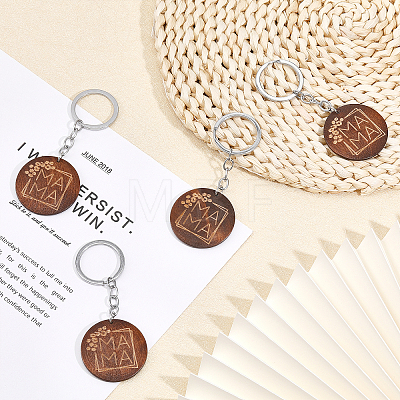 Engraved Wooden Flat Round Pendant Keychains FIND-WH0150-17-1