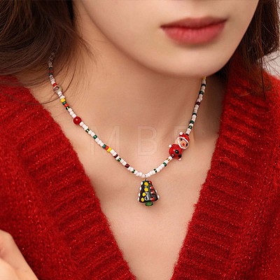 Christmas Tree Acrylic Pendant Santa Claus and Glass Seed Beaded Necklaces for Women FS-WGC89DE-01-1