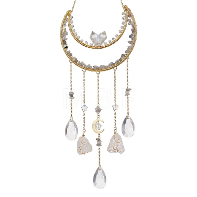 Nuggets Natural Quartz Crystal & Labradorite Chip & Brass Moon Hanging Ornaments HJEW-JM02566-1
