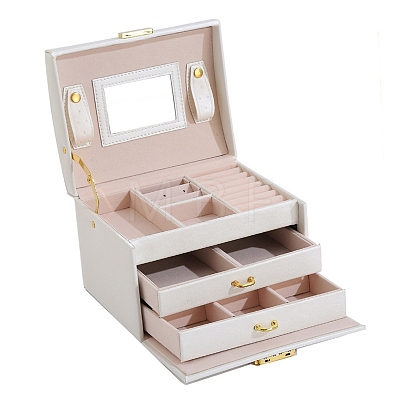 3-Layer Imitation Leather Jewelry Drawer Organizer Box with Handle and Mirror Inside PW-WG94119-01-1